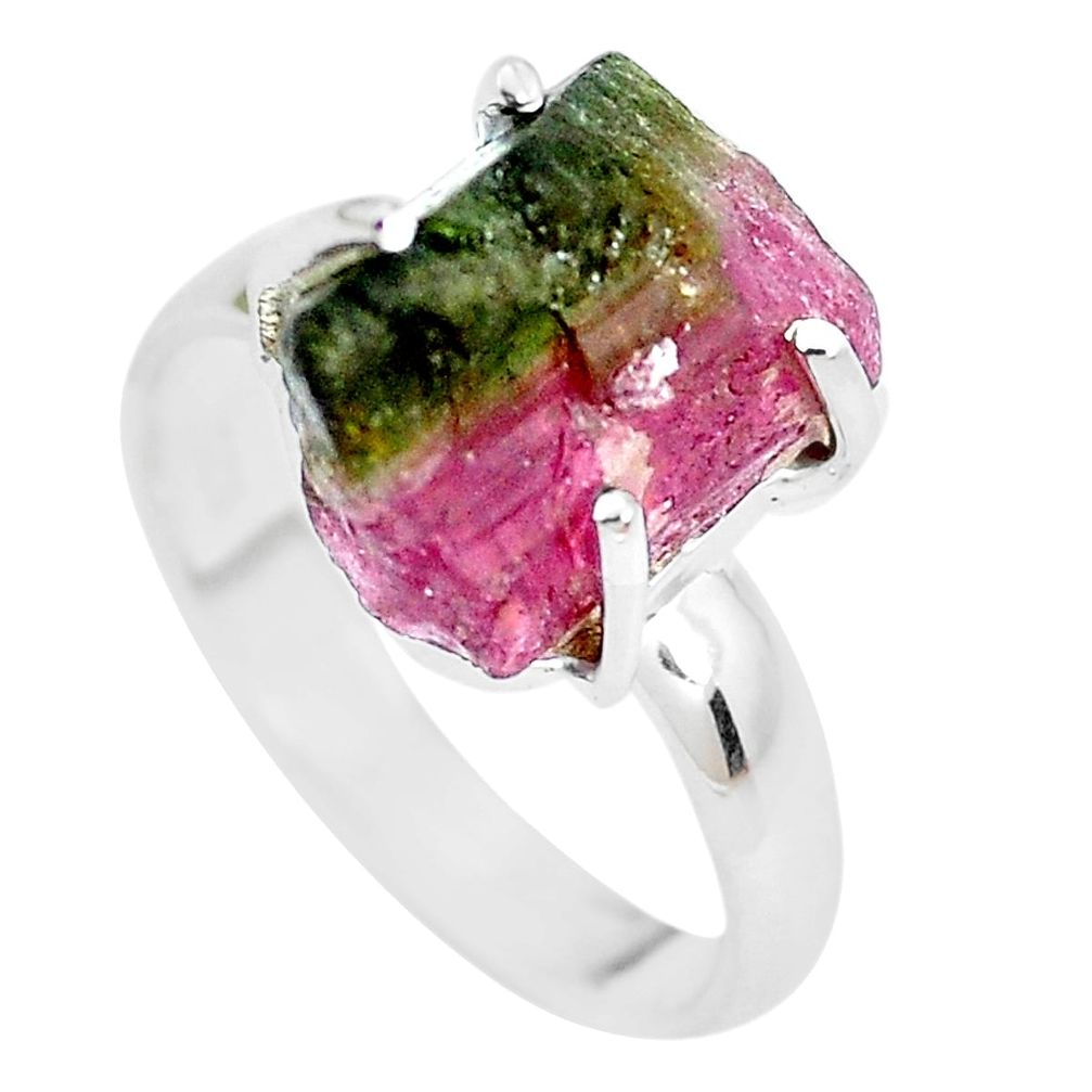 7.97cts natural watermelon tourmaline rough 925 silver ring size 8 p30225