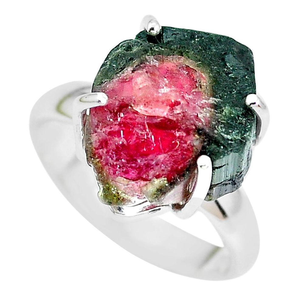 9.86cts natural watermelon tourmaline rough 925 silver ring size 7 p30228