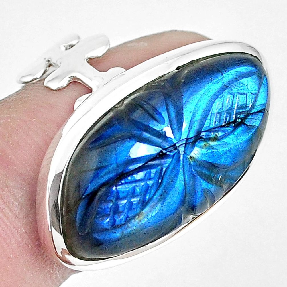 20.86cts carving natural blue labradorite 925 sterling silver ring size 8 p30262