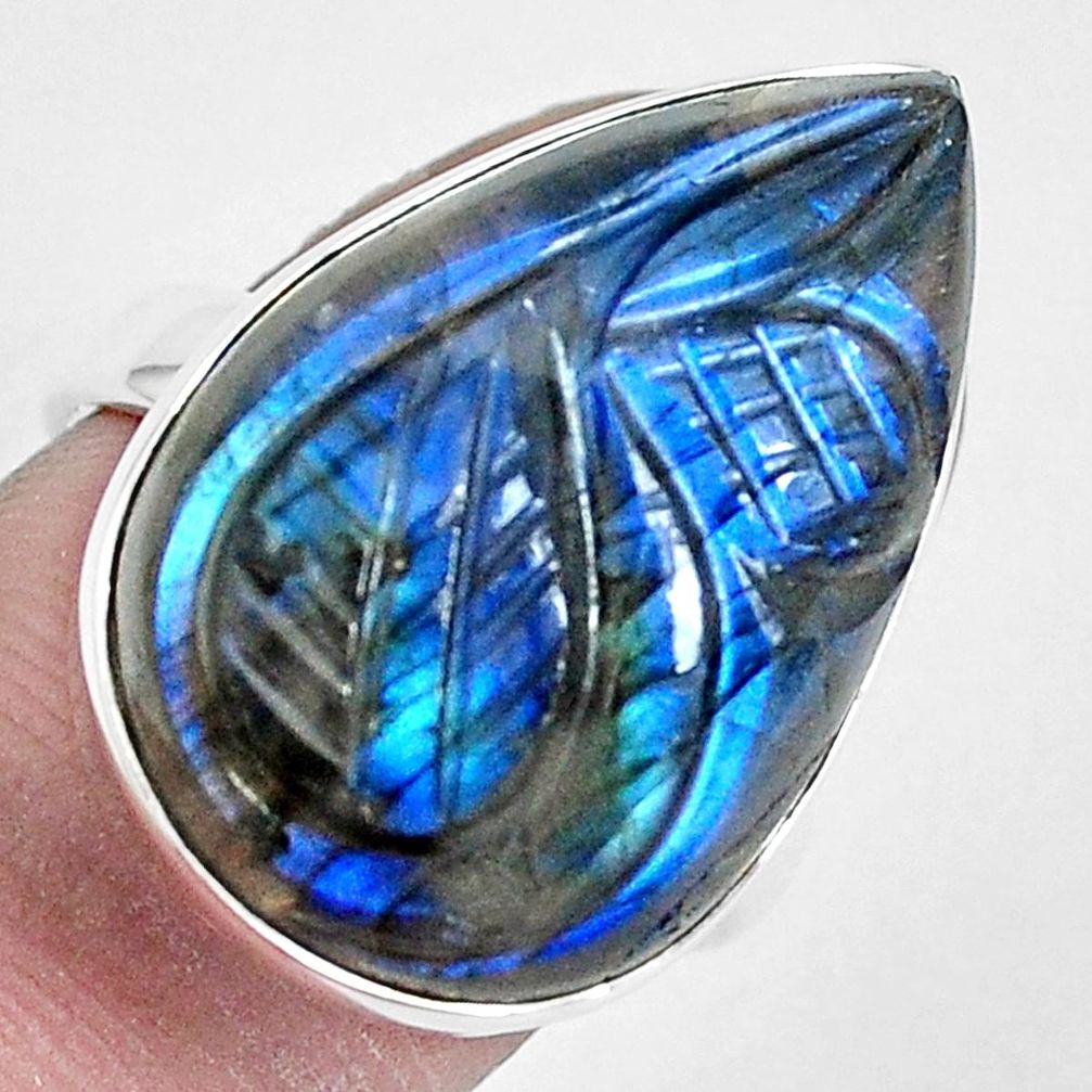 925 sterling silver 21.72cts carving natural blue labradorite ring size 8 p30278
