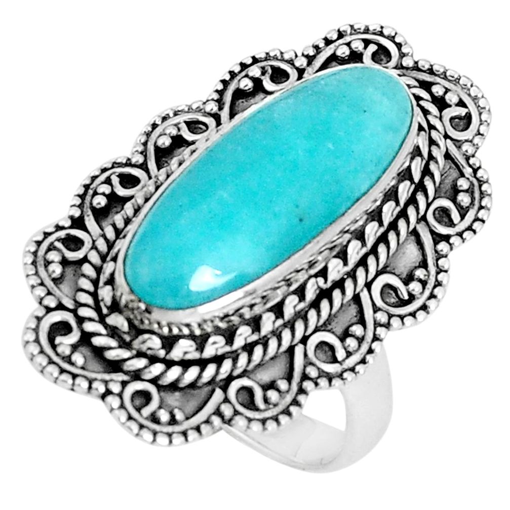 7.38cts natural green peruvian amazonite silver solitaire ring size 10.5 p30323
