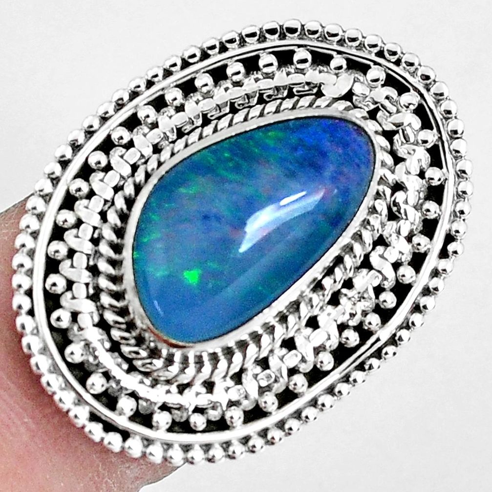 Natural blue australian opal triplet 925 silver solitaire ring size 7.5 p30341