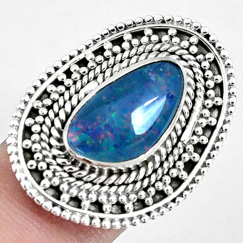 Natural blue australian opal triplet 925 silver solitaire ring size 7.5 p30343