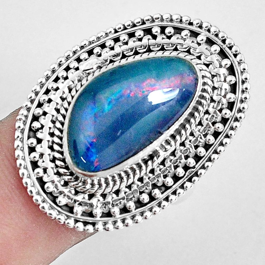 Natural blue australian opal triplet 925 silver solitaire ring size 8 p30347