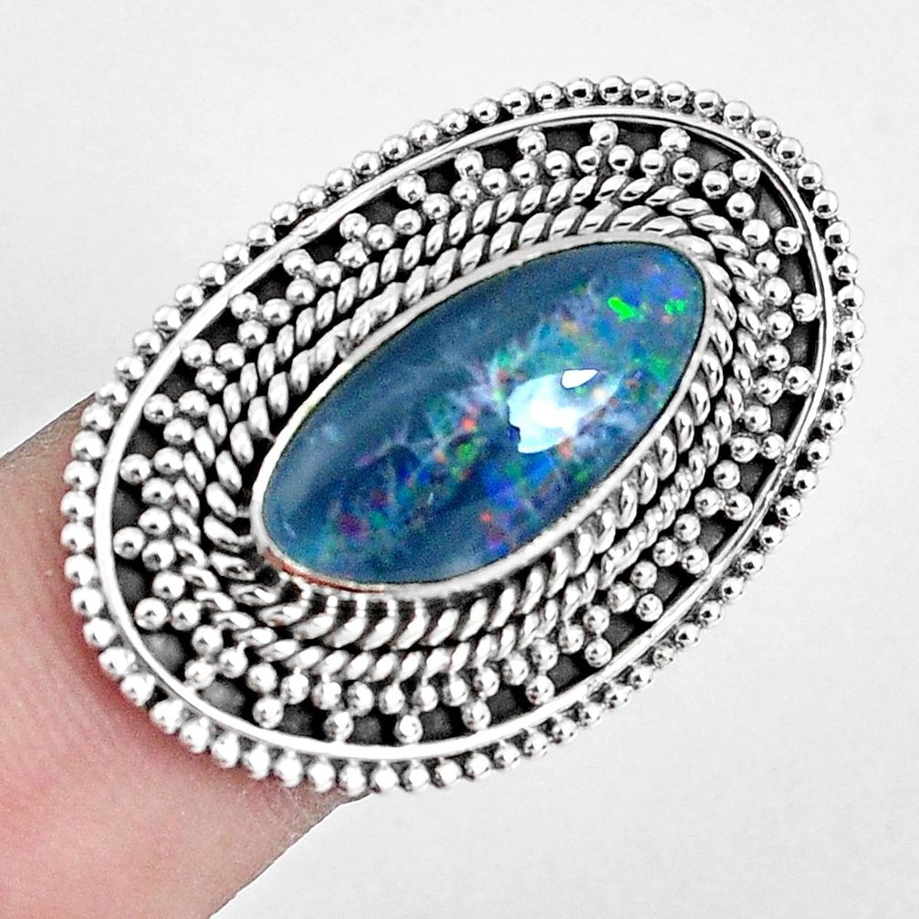 Natural blue australian opal triplet 925 silver solitaire ring size 7 p30348