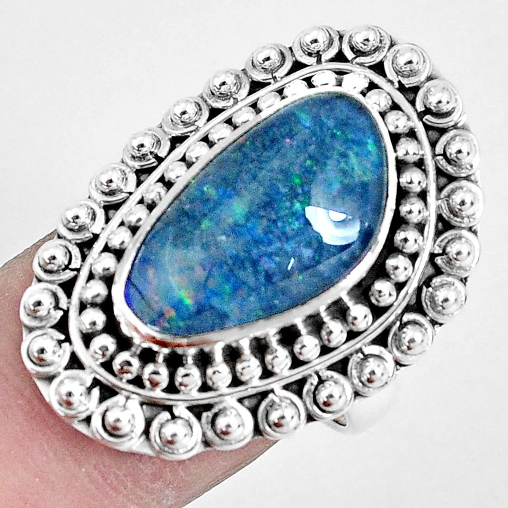 Natural blue australian opal triplet 925 silver solitaire ring size 7 p30356