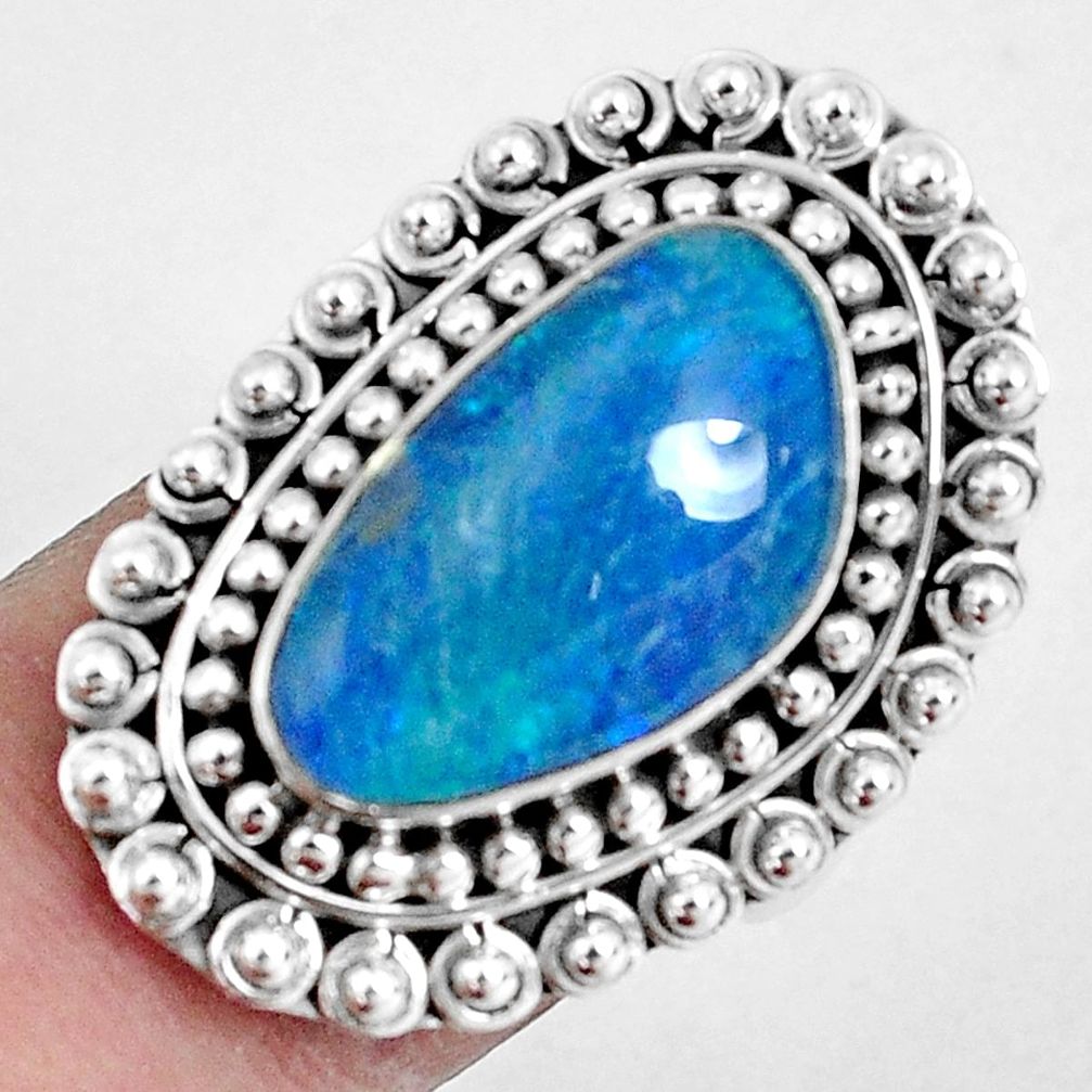 Natural blue australian opal triplet 925 silver solitaire ring size 7 p30358