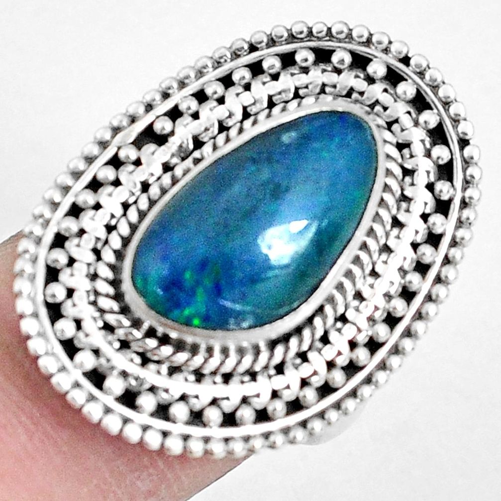 Natural blue australian opal triplet 925 silver solitaire ring size 7 p30359