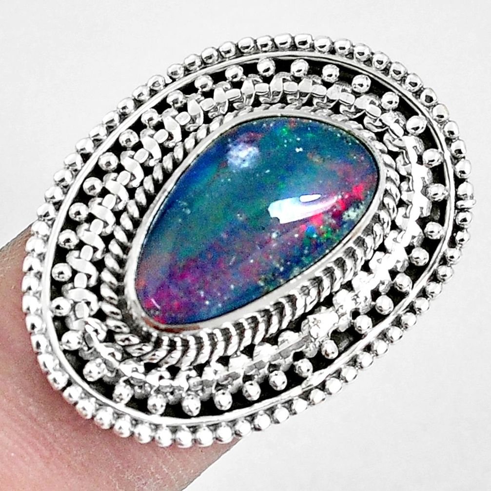 Natural blue australian opal triplet 925 silver solitaire ring size 7.5 p30368