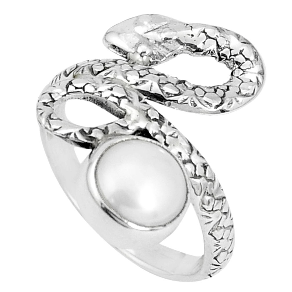 3.42cts natural white pearl 925 sterling silver snake ring size 5.5 p30870