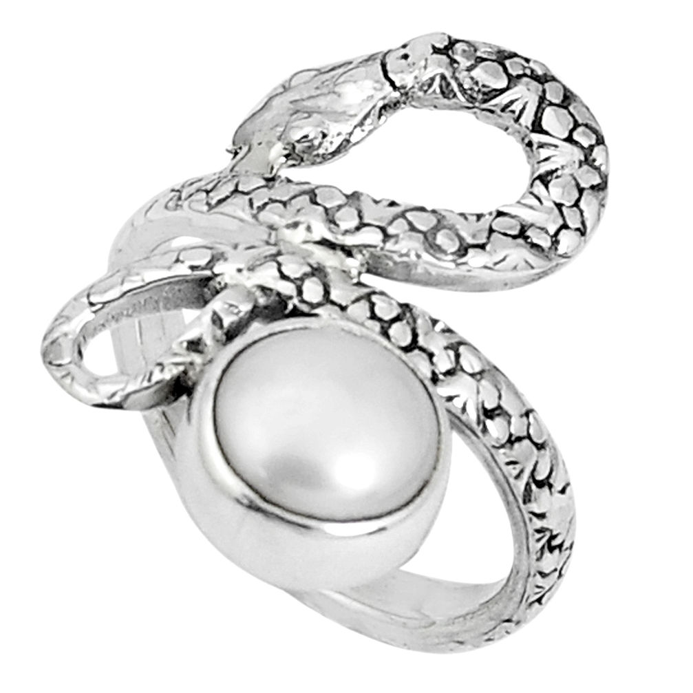 925 sterling silver 3.36cts natural white pearl round snake ring size 7.5 p30871