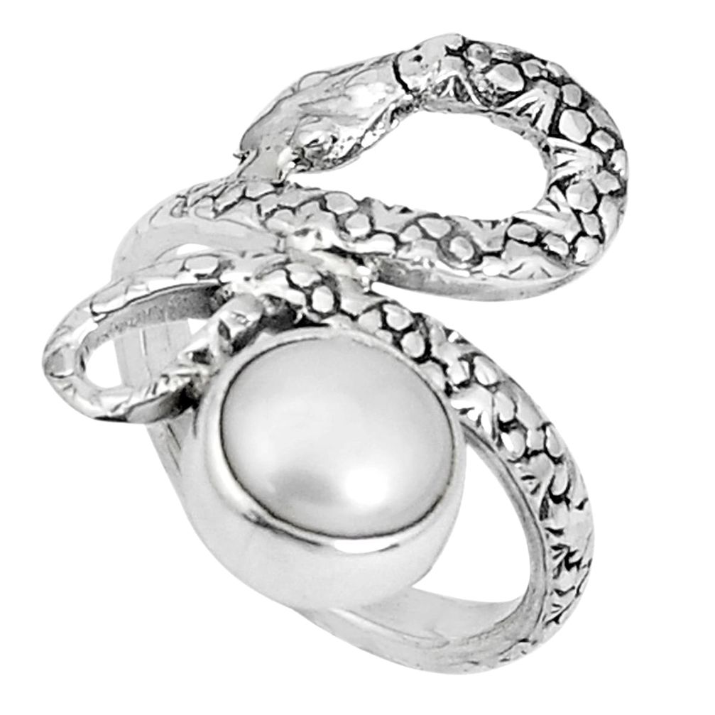 3.35cts natural white pearl round 925 sterling silver snake ring size 5.5 p30873