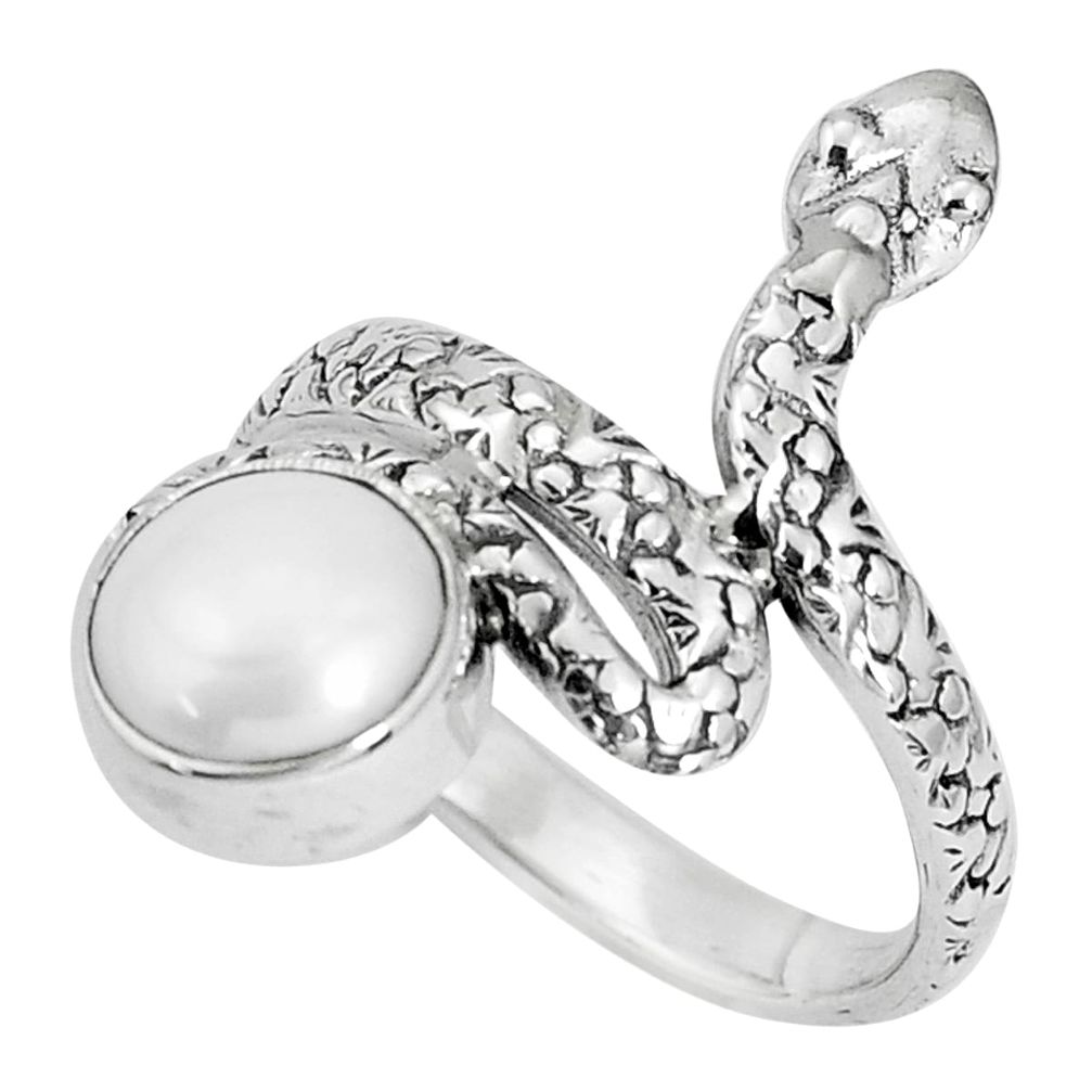 3.36cts natural white pearl 925 sterling silver snake ring jewelry size 8 p30894