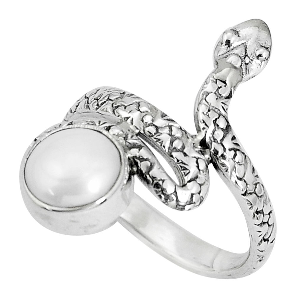 3.36cts natural white pearl 925 sterling silver snake ring size 8.5 p30895