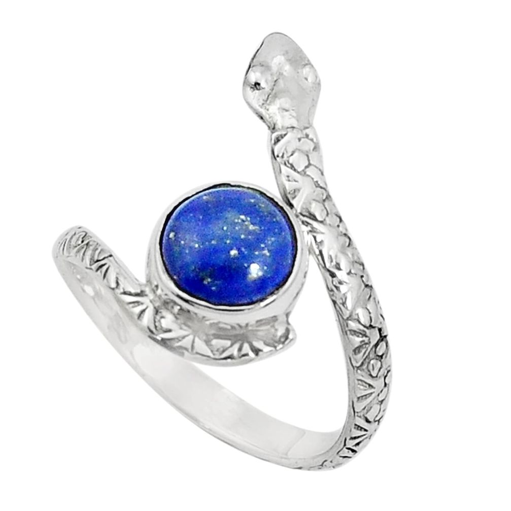 925 silver 3.50cts natural blue lapis lazuli round snake ring size 8.5 p31343