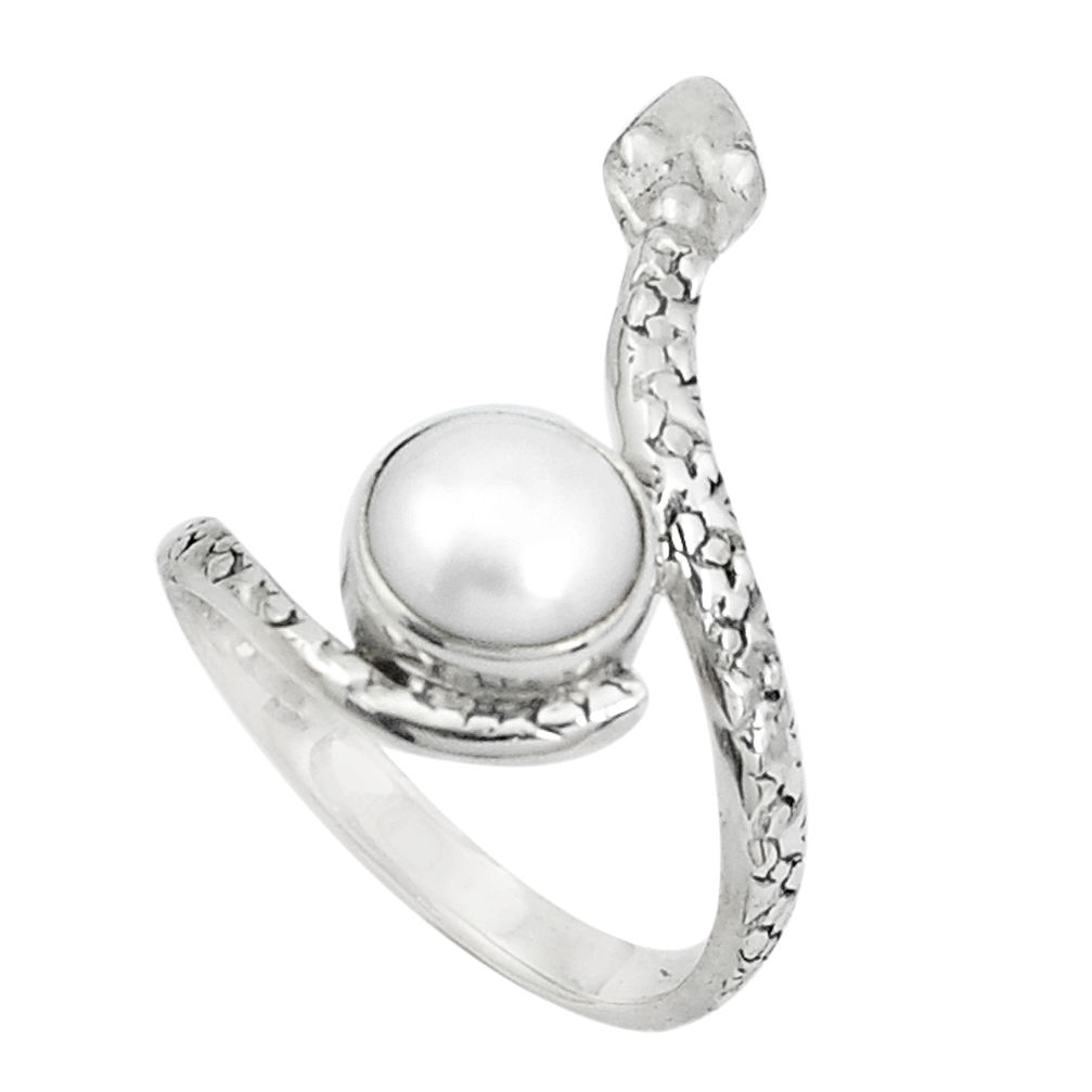 3.50cts natural white pearl 925 sterling silver snake ring size 8.5 p31351