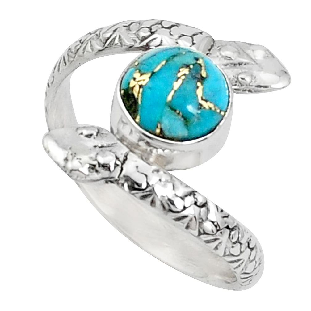 925 sterling silver 3.50cts blue copper turquoise round snake ring size 9 p31364