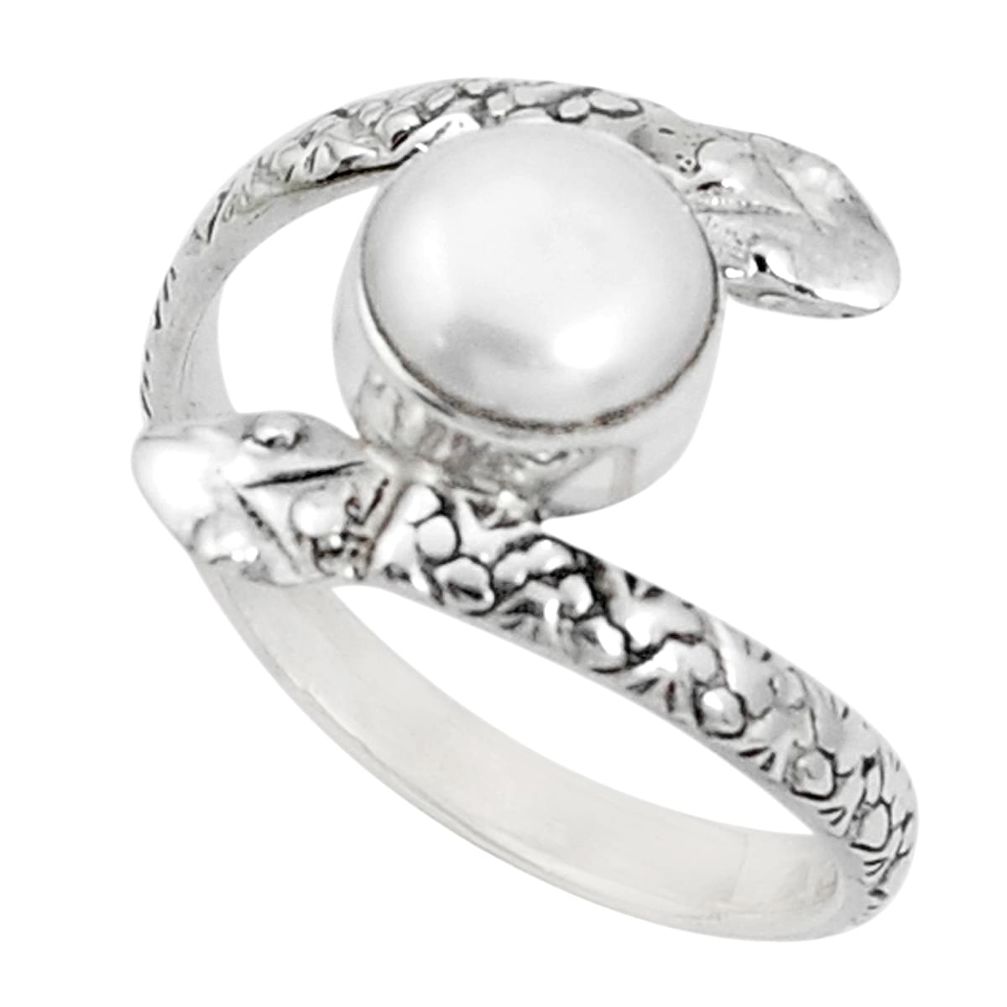 3.62cts natural white pearl round 925 sterling silver snake ring size 9.5 p31373