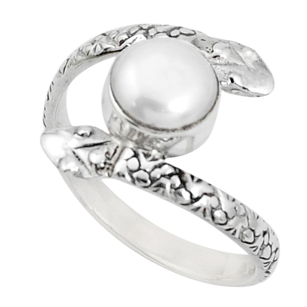 925 sterling silver 3.62cts natural white pearl round snake ring size 9.5 p31375