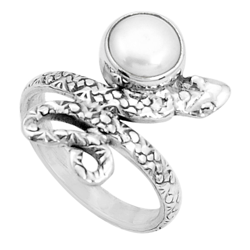 3.01cts natural white pearl round 925 sterling silver snake ring size 6.5 p31411