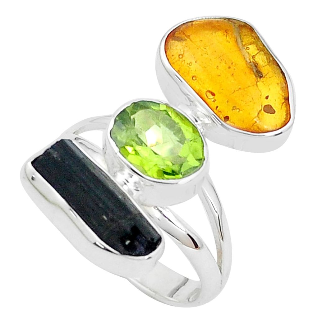 12.52cts natural black tourmaline rough amber 925 silver ring size 8 p31510