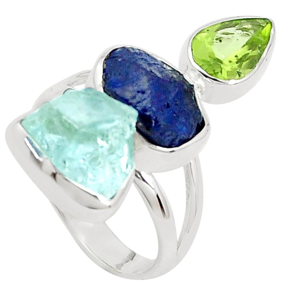 12.07cts natural blue sapphire rough peridot 925 silver ring size 7 p31572