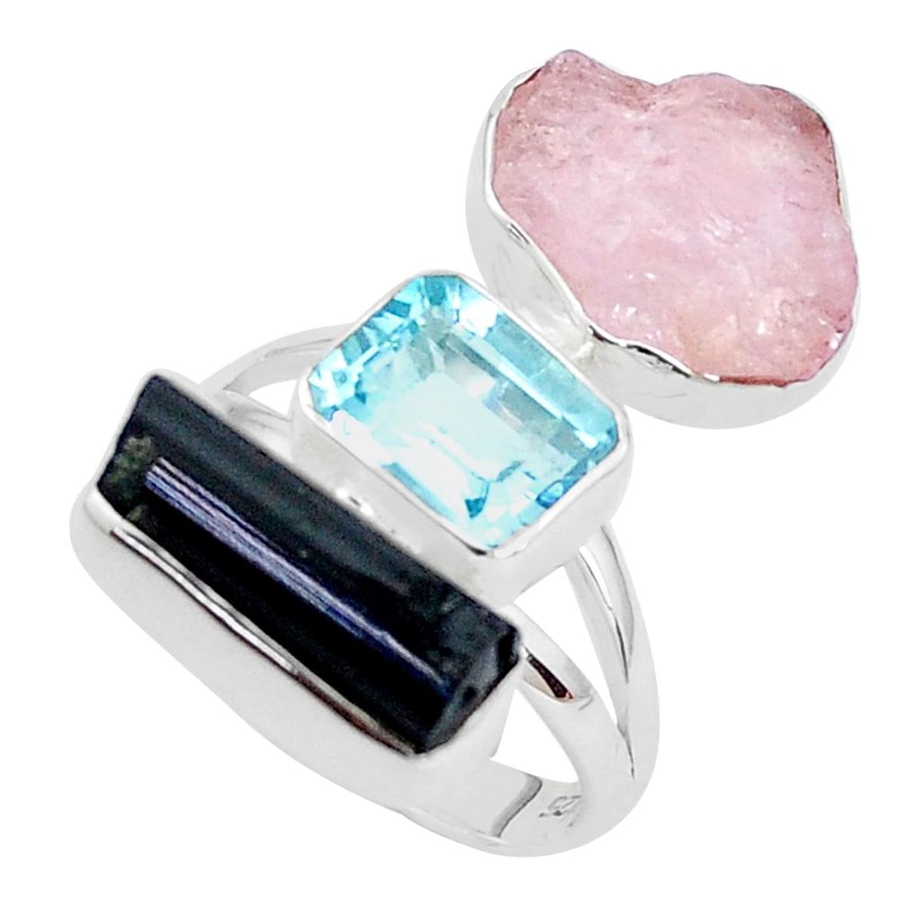 17.23cts natural pink morganite rough blue topaz 925 silver ring size 8 p31659
