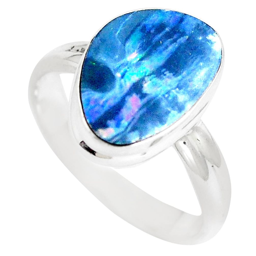 4.47cts natural blue doublet opal australian silver solitaire ring size 8 p5606