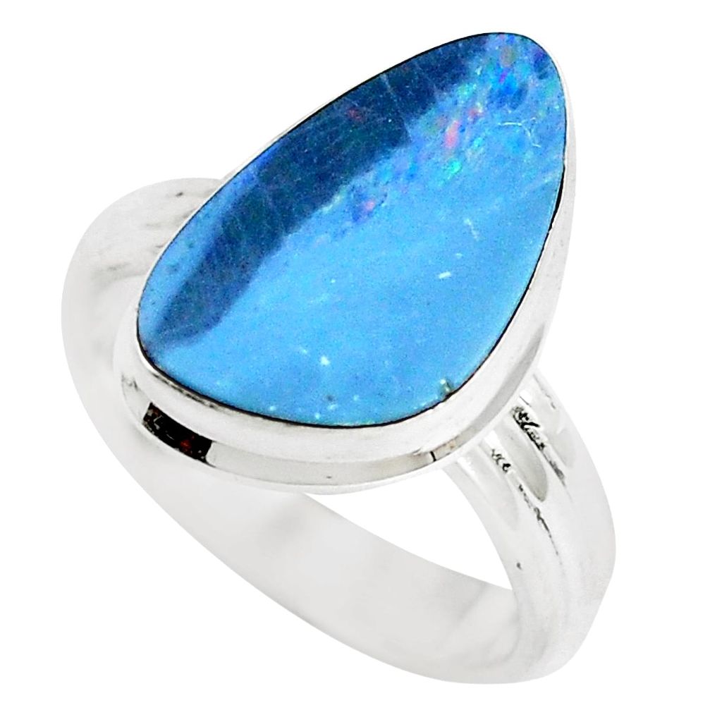 Natural blue doublet opal australian 925 silver solitaire ring size 7.5 p5613