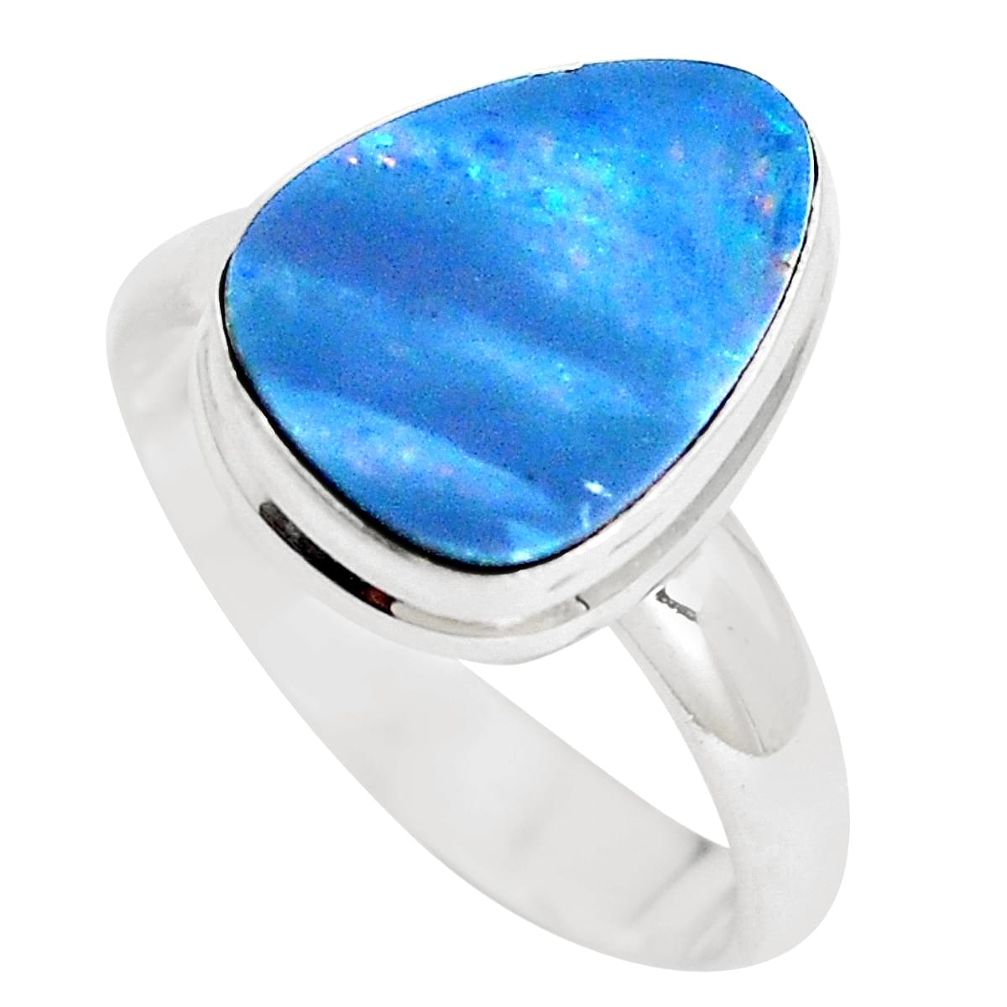 Natural blue doublet opal australian 925 silver solitaire ring size 6.5 p5615
