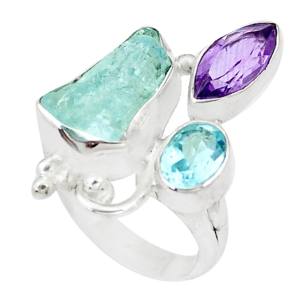 9.85cts natural aqua aquamarine rough amethyst topaz silver ring size 6.5 p6508