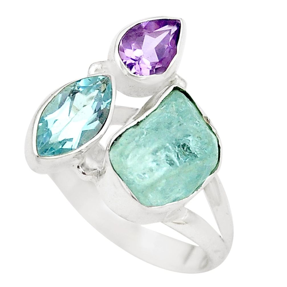 9.04cts natural aqua aquamarine rough topaz amethyst silver ring size 7.5 p6525