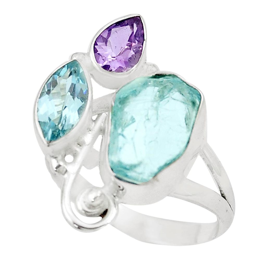 10.60cts natural aqua aquamarine rough topaz amethyst silver ring size 9.5 p6532