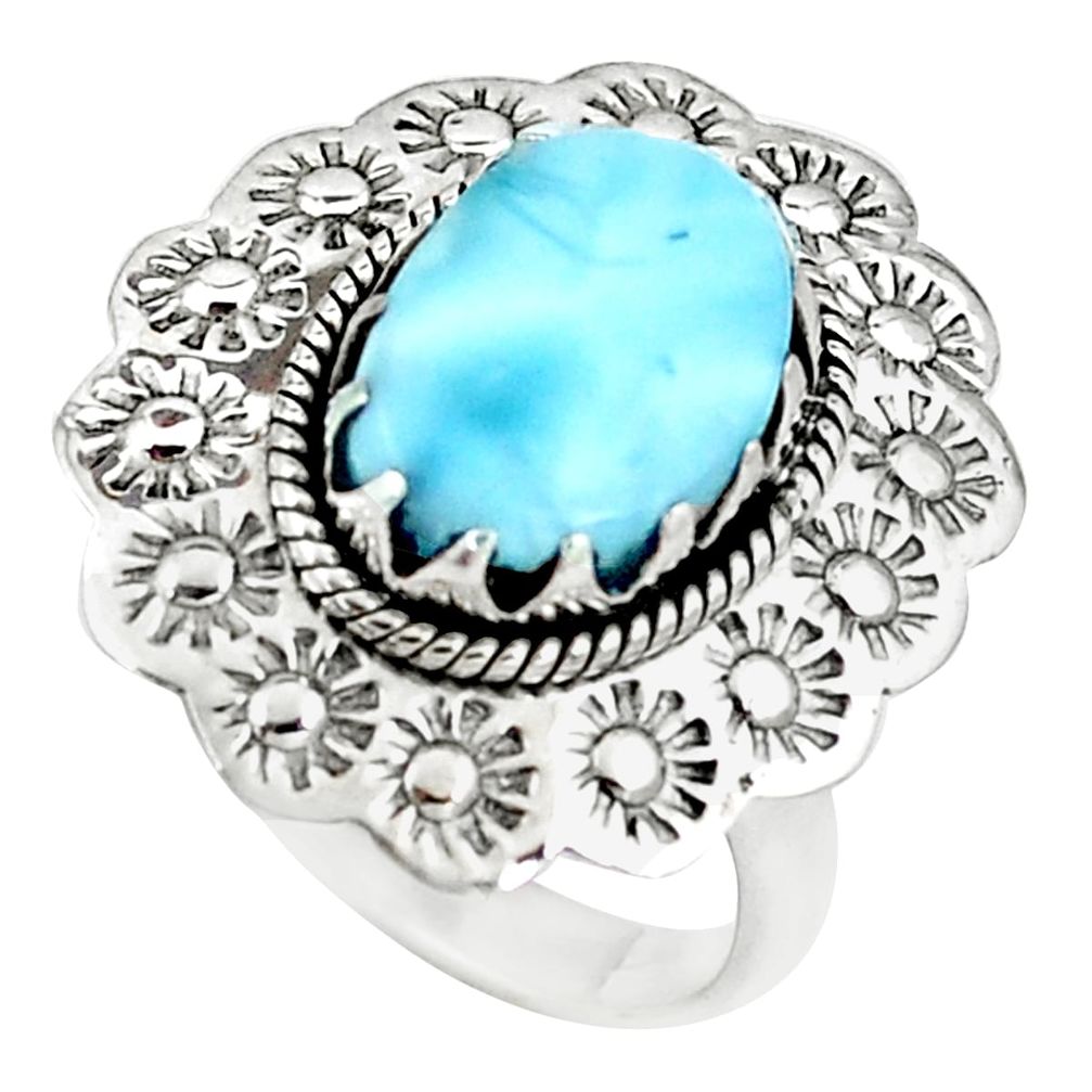 5.18cts natural blue larimar 925 silver flower solitaire ring size 9 p7225