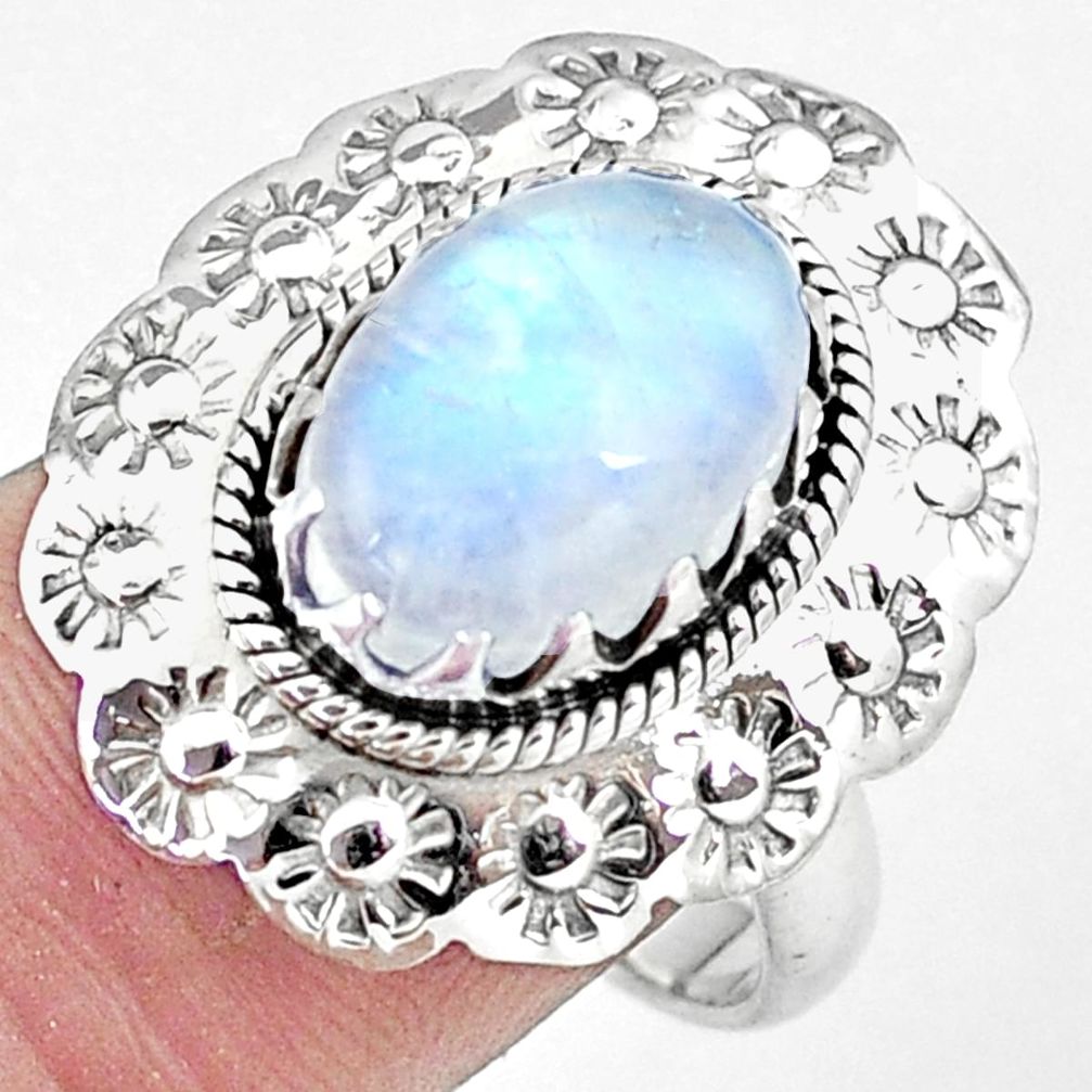 Silver 5.35cts natural rainbow moonstone flower solitaire ring size 8.5 p7239