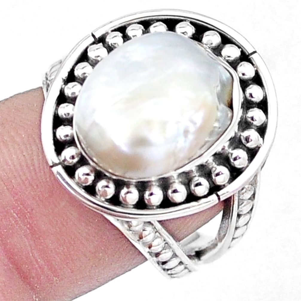 5.65cts natural white pearl 925 sterling silver solitaire ring size 7.5 p7280