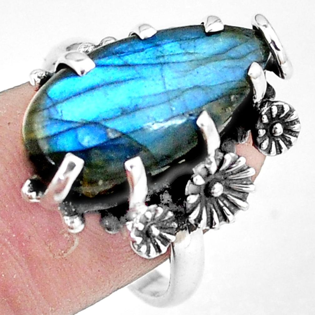 9.03cts natural blue labradorite 925 silver flower solitaire ring size 9 p7353