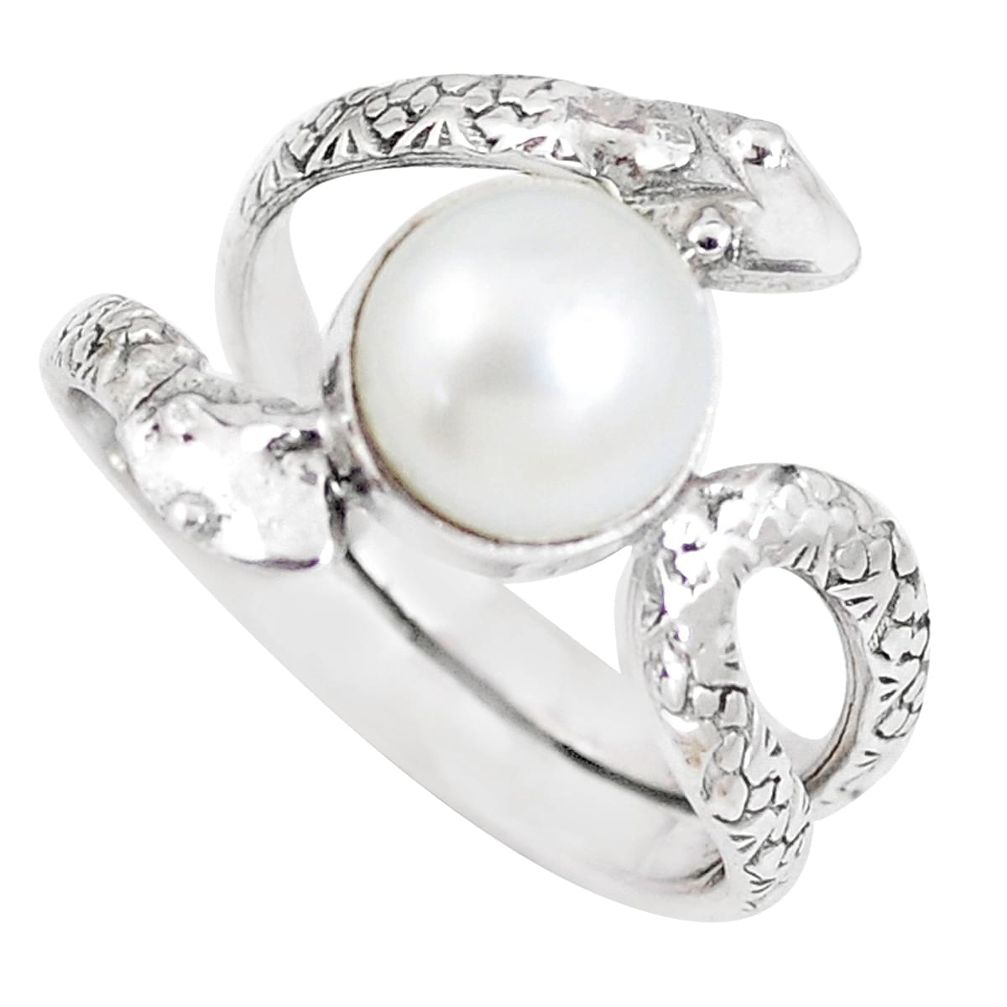 4.93cts natural white pearl sterling silver snake solitaire ring size 7 p7891