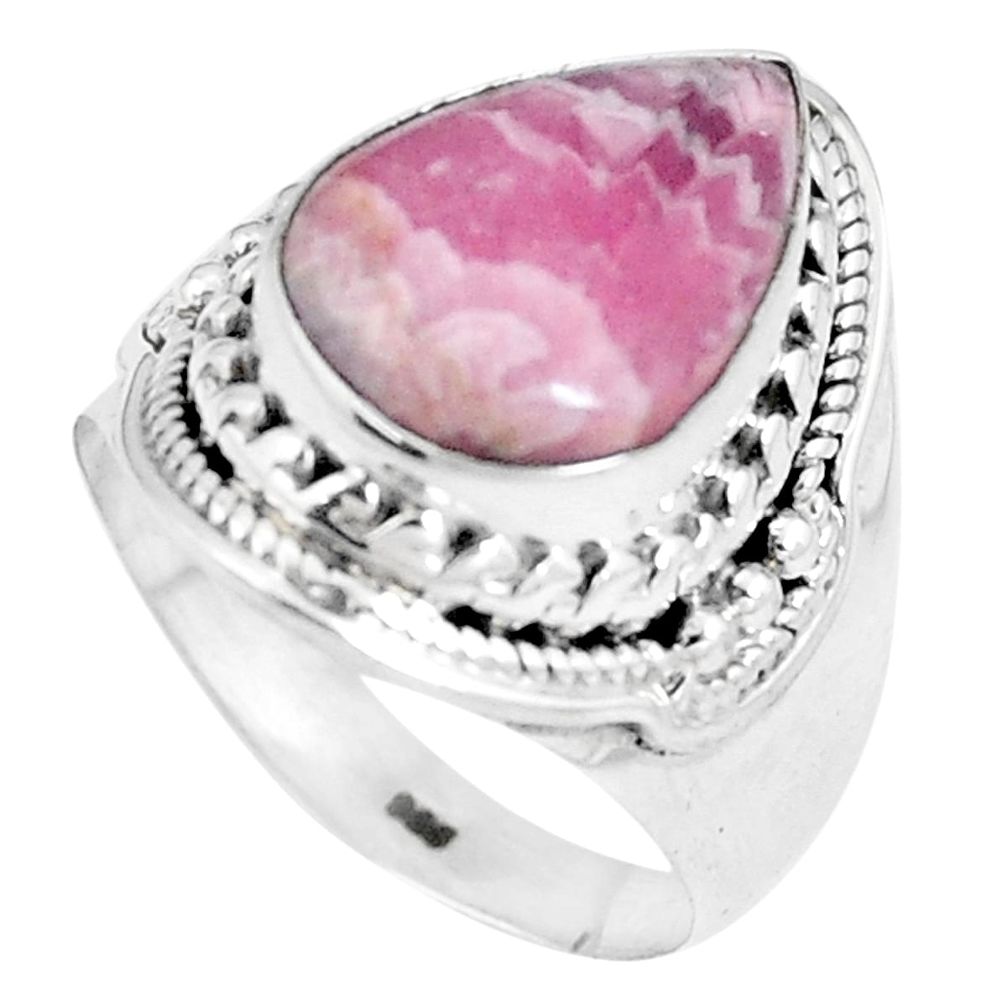 6.33cts natural pink rhodochrosite inca rose pear 925 silver ring size 7 p8142