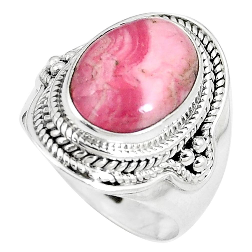 6.76cts natural pink rhodochrosite inca rose 925 silver ring size 8 p8146
