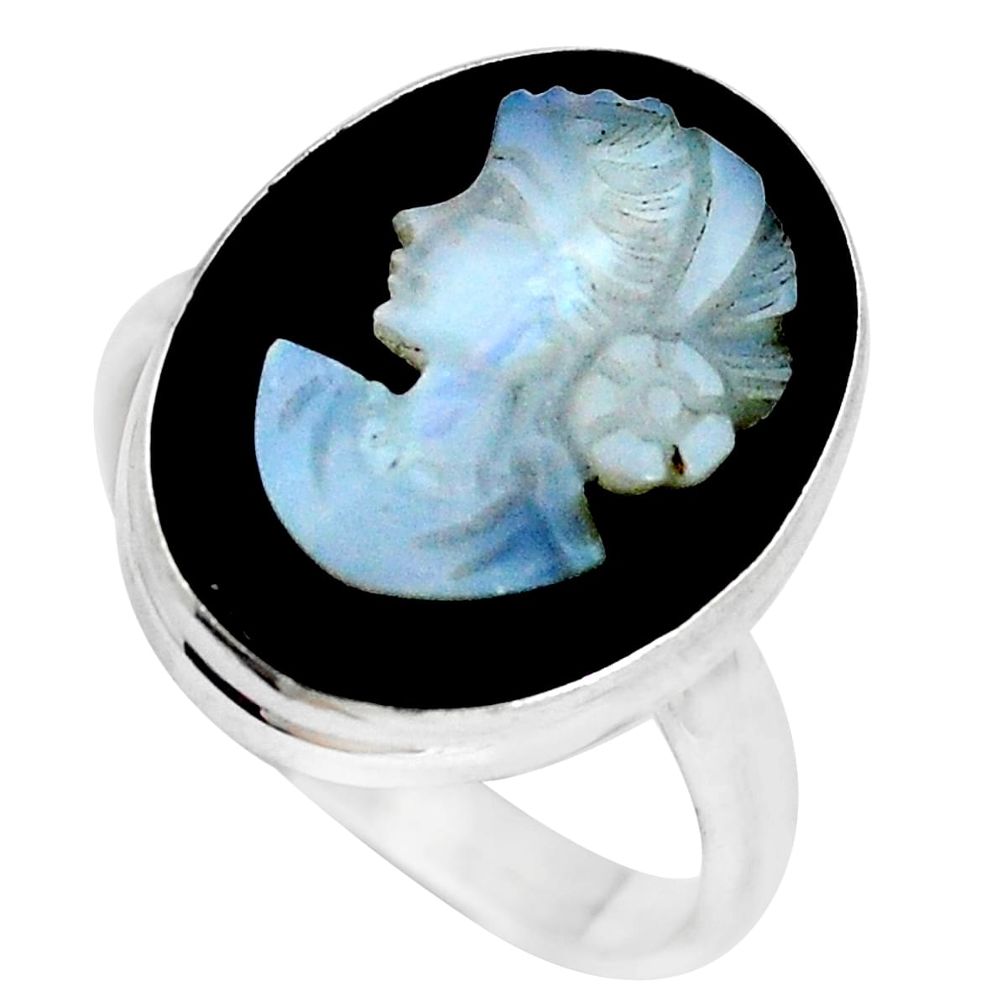 13.87cts natural black opal cameo on black onyx 925 silver ring size 10 p8906