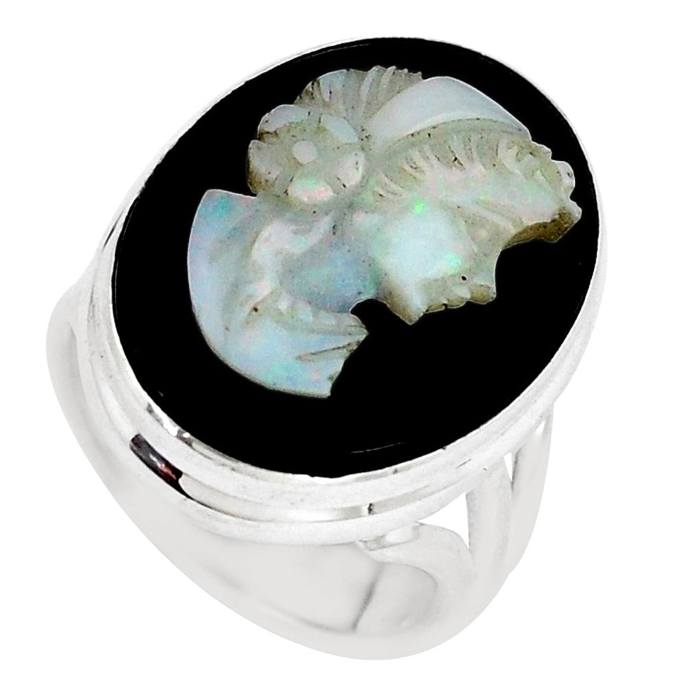 14.45cts natural black opal cameo on black onyx 925 silver ring size 5 p8916
