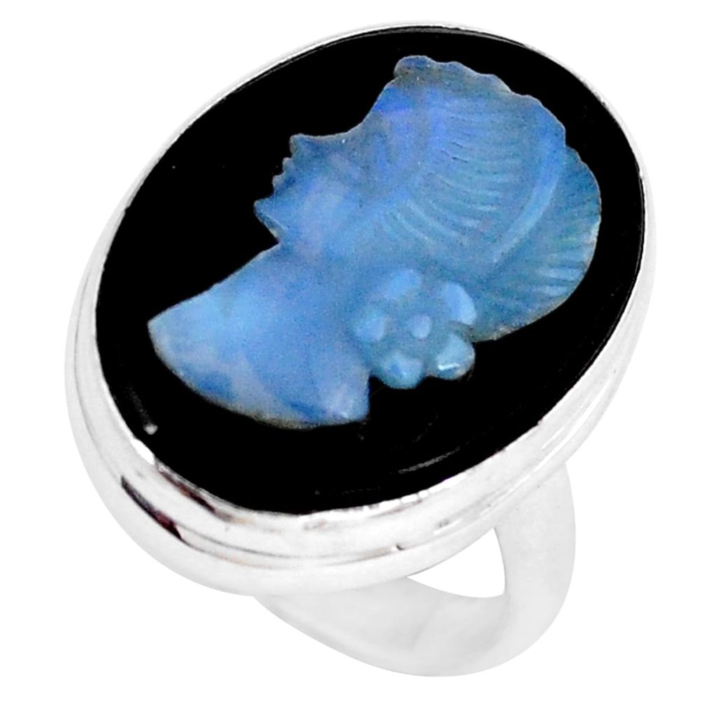 14.14cts natural black opal cameo on black onyx 925 silver ring size 7 p8931