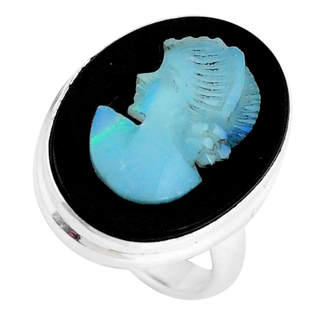 14.14cts natural black opal cameo on black onyx 925 silver ring size 5.5 p8935