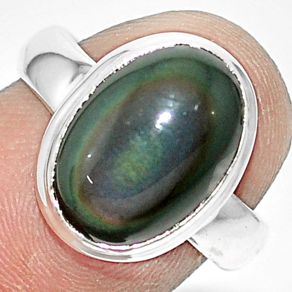 6.57cts natural rainbow obsidian eye 925 silver solitaire ring size 7.5 p9167