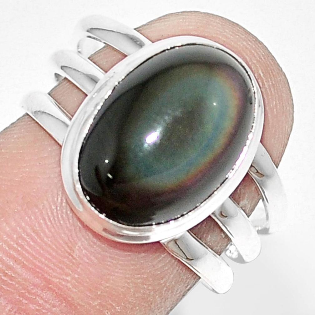 6.31cts natural rainbow obsidian eye 925 silver solitaire ring size 7 p9173