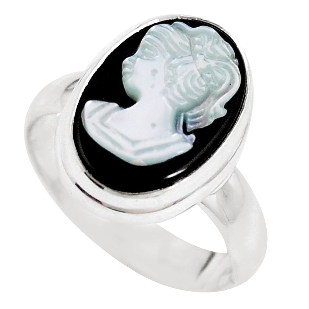 Natural black opal cameo on black onyx 925 silver solitaire ring size 6.5 p9220