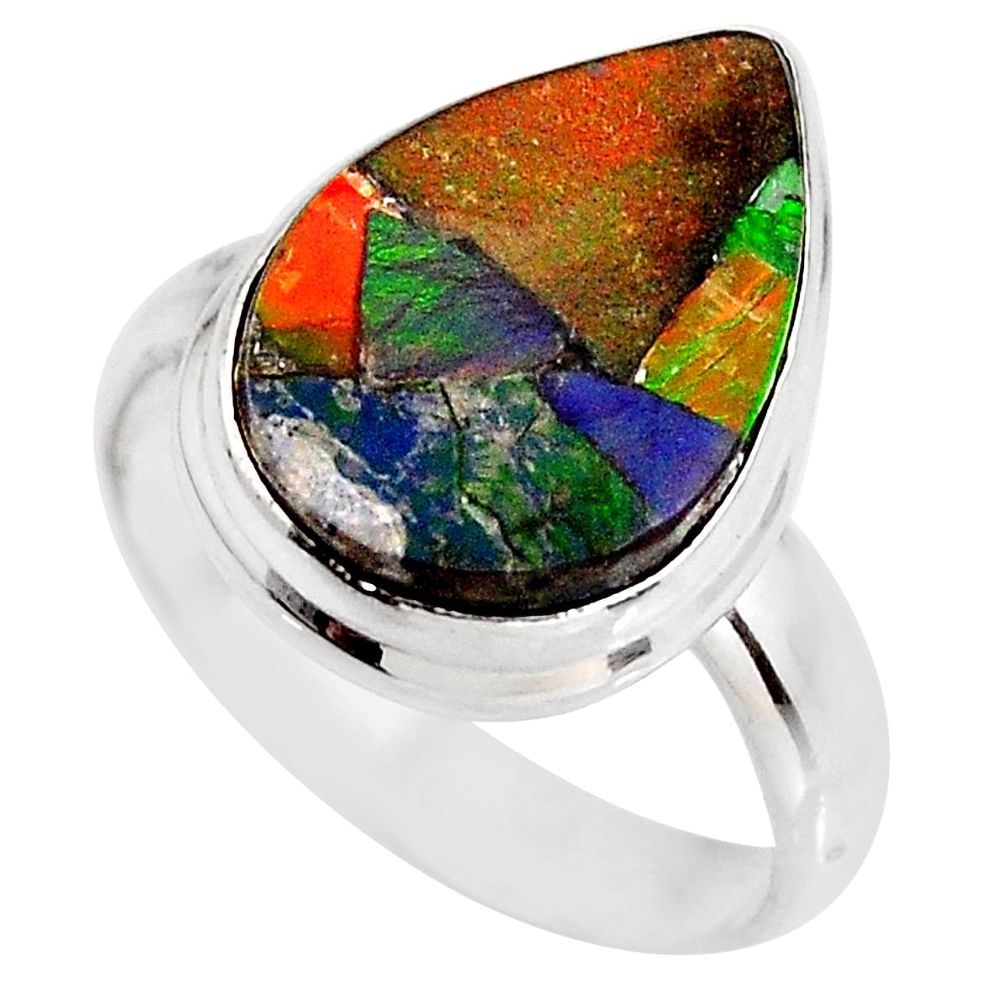 7.50cts natural ammolite triplets 925 silver solitaire ring size 7.5 p93161