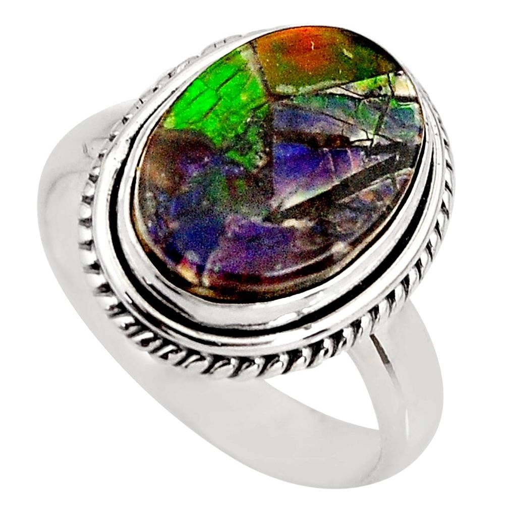 6.31cts natural ammolite triplets 925 silver solitaire ring size 7.5 p93183
