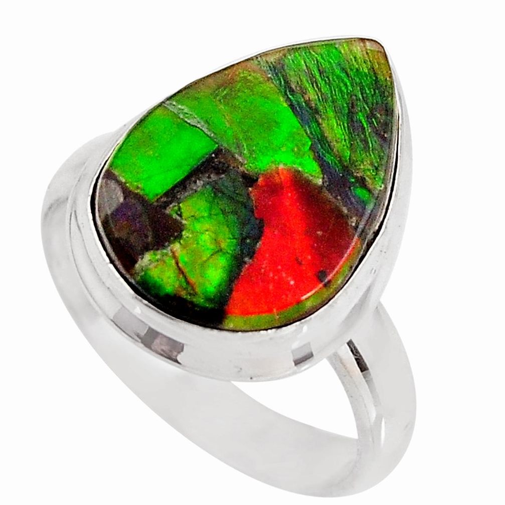 925 silver 8.42cts natural ammolite triplets pear solitaire ring size 7.5 p93190